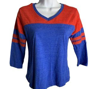 Baseball Style 3/4 Sleeve T Shirt S Blue Red V Neck Stretch Knit Pullover